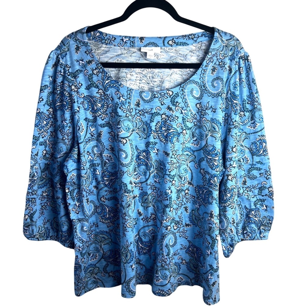 J.Jill Blue Paisley Puff Sleeve Top Blouse Size XL‎ 3/4 Sleeves Scoop Neck